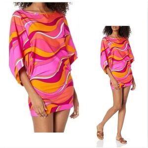 Trina Turk Women's Pink Orange Swirl Print Cover-Up Tunic Dress Size XSmall